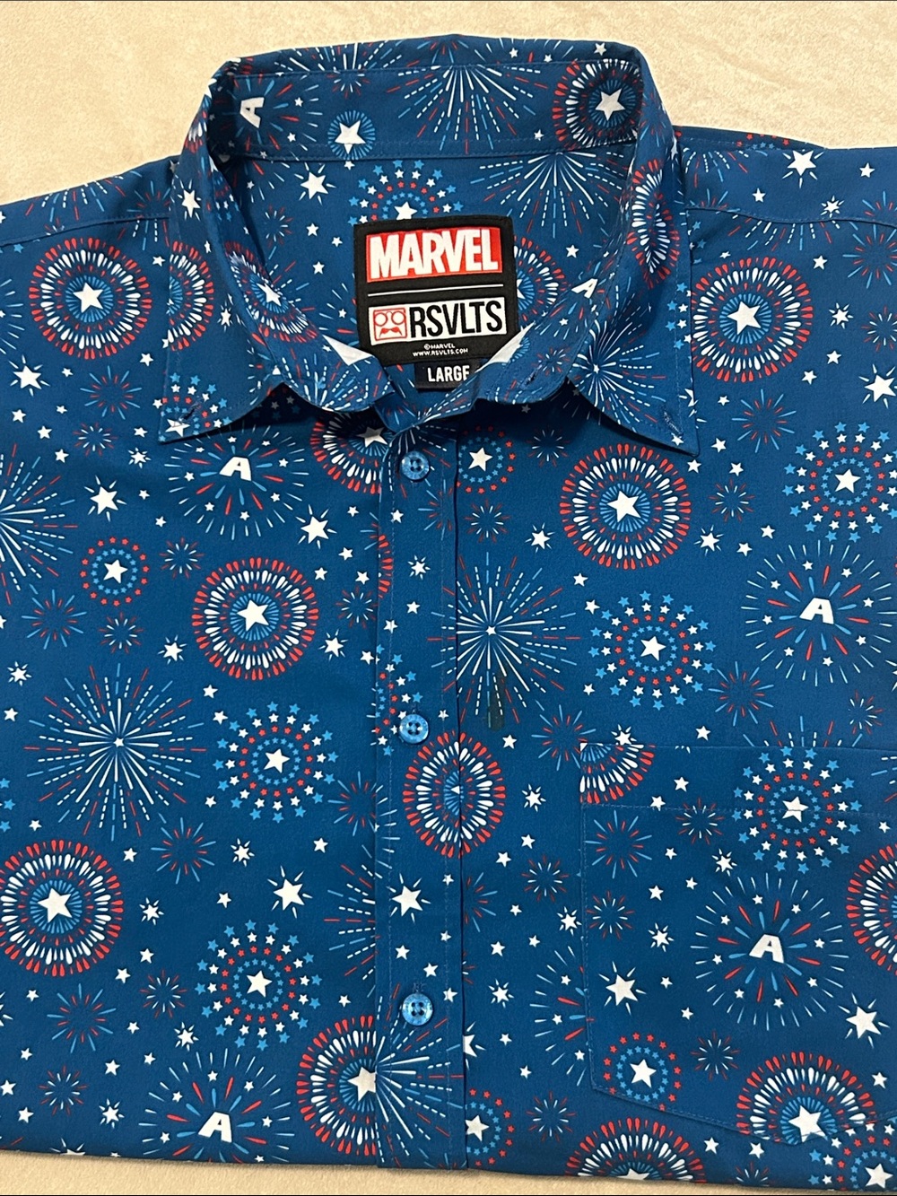 RSVLTS Marvel Captain America Stars Stripes Shields KUNUFLEX Shirt Blue Large